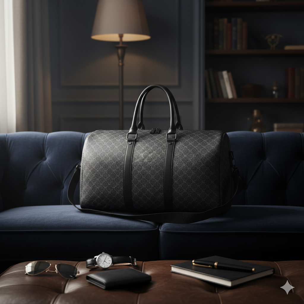Black duffel bag on a dark blue sofa with sunglasses, watch, wallet, and notebook on a coffee table.