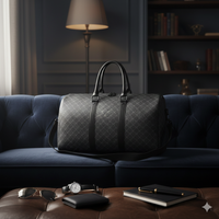 Black duffel bag on a dark blue sofa with sunglasses, watch, wallet, and notebook on a coffee table.