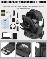 Backpack with various items and text about large capacity and reasonable storage.