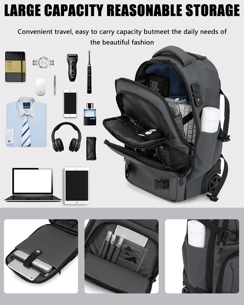 Backpack with various items and text about large capacity and reasonable storage.