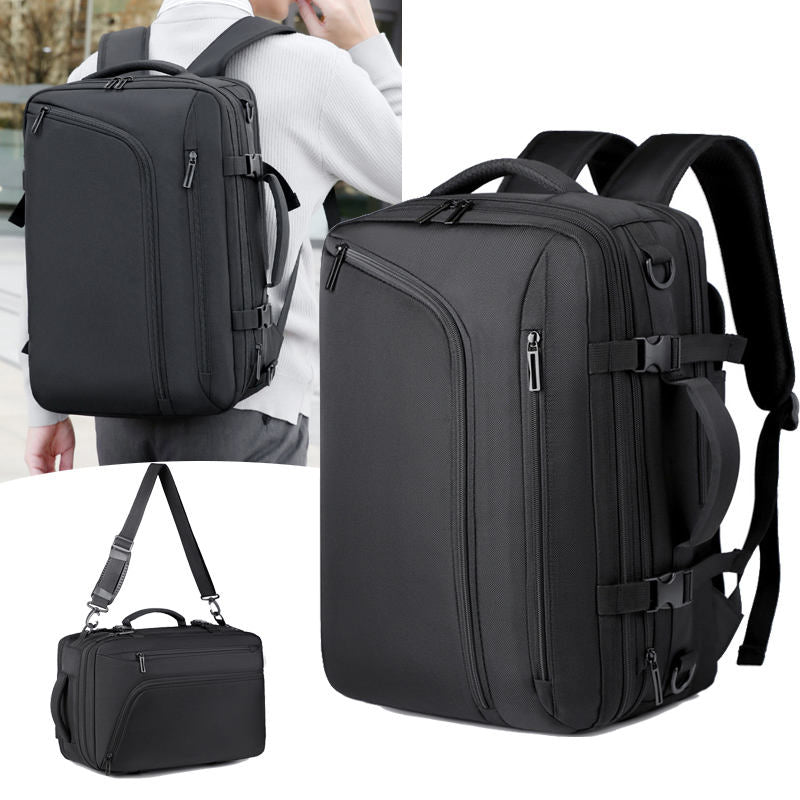 Black backpack shown from multiple angles on a white background