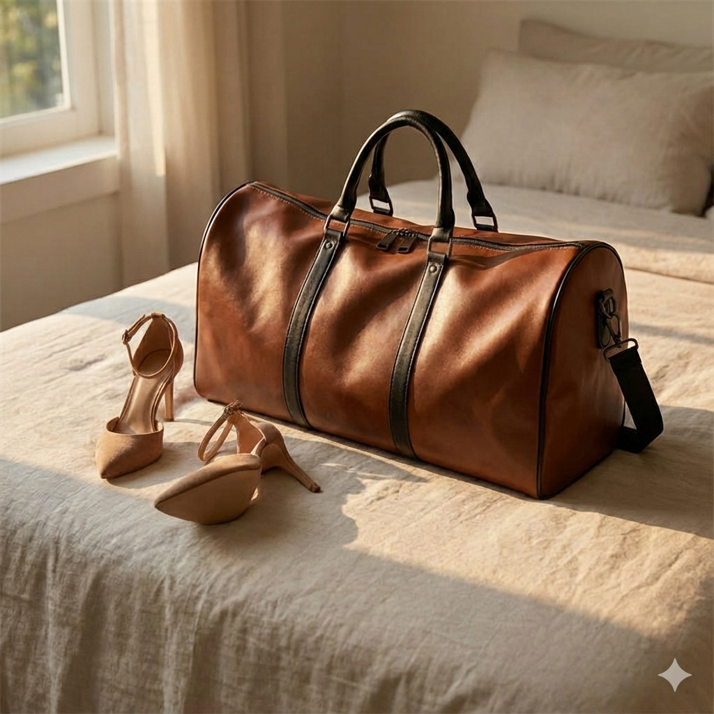 Brown leather duffel bag