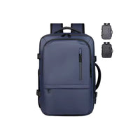 Navy blue backpack with additional views on a white background