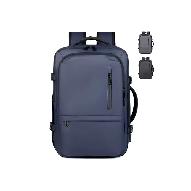 Navy blue backpack with additional views on a white background