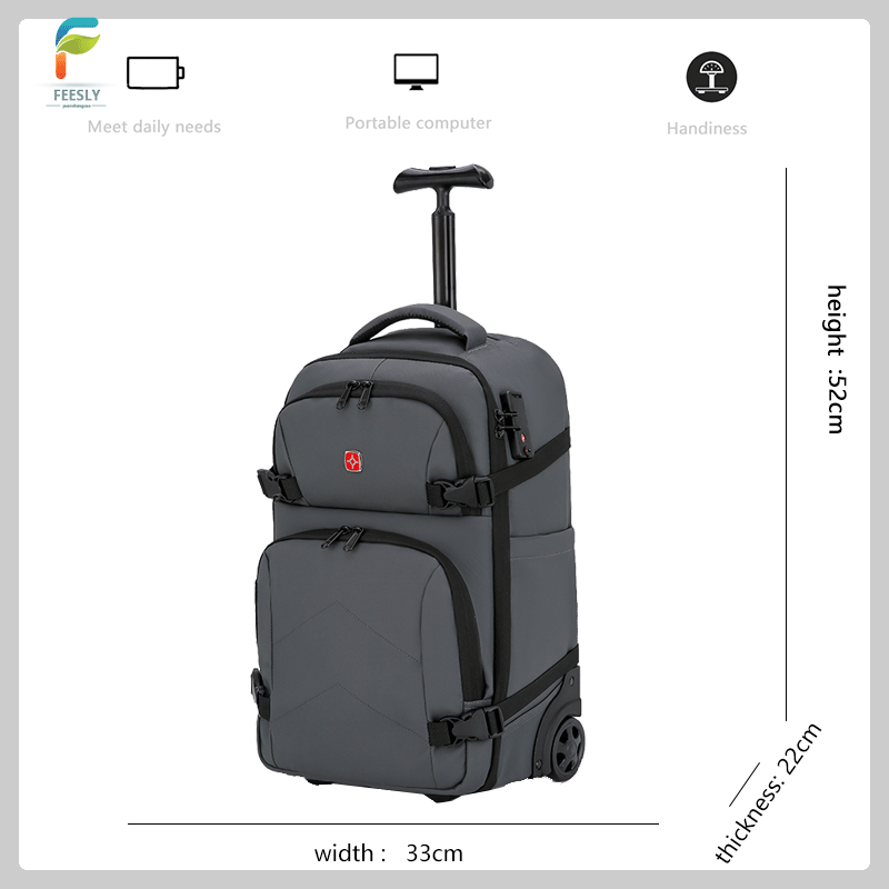 Gray rolling suitcase with measurementsbackground