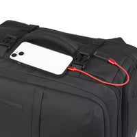 Black suitcase with a phone attached