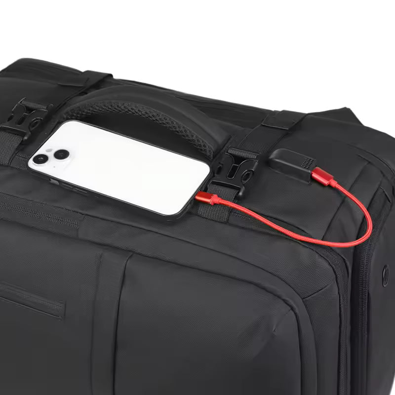 Black suitcase with a phone attached